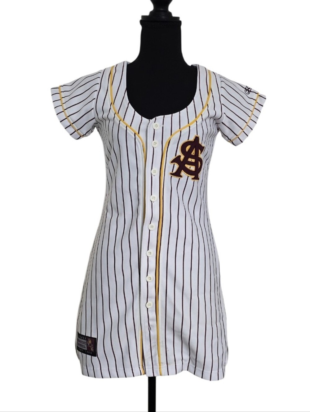 #X15. Striped Baseball Button-Up Dress in White and Maroon